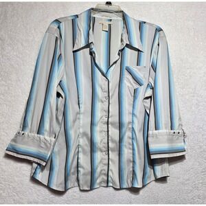 Antilia Femme Women's 3X Blue Grey Striped Stretch Button Down 3/4 Sleeve Shirt